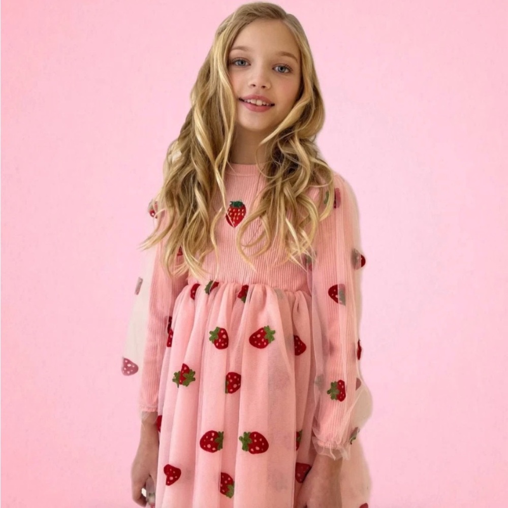 Lola + The Boys Pink Strawberry Tulle Dress Girls Size 14 Long Sheer Sleeves